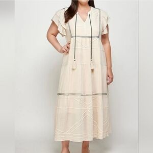 See & Be Seen Cream/Tan Linen Blend Midi Dress size S